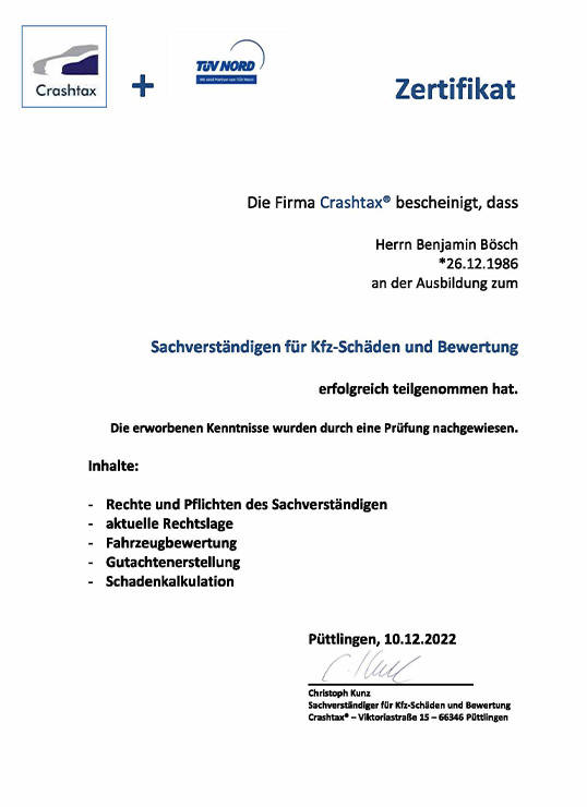 Crashfix + Tüv Nord - Zertifikat
