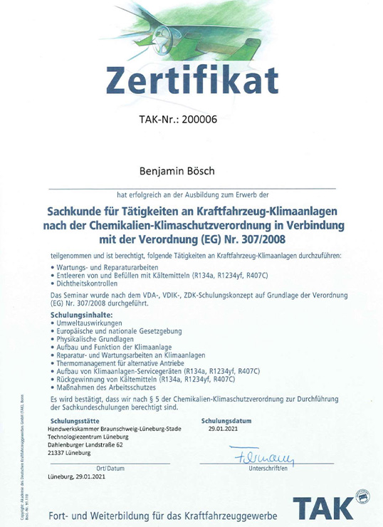 Zertifikat - TAK - Sachkunde für Tätigkeiten für Kraftfahrzeuge in Klimaneutral