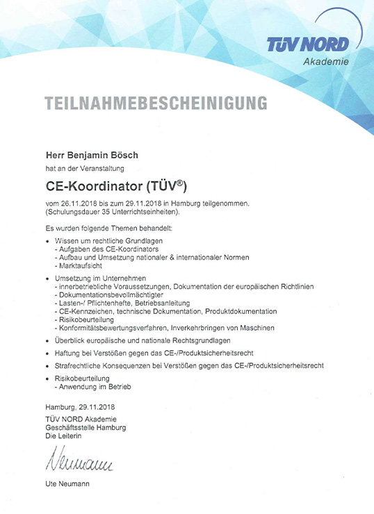 Teilnahmebescheinigung - Tüv Nord - CE-Koordinator (Tüv)